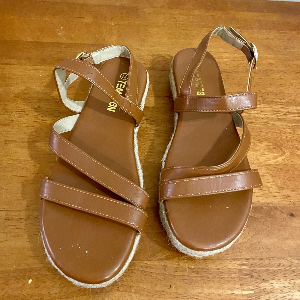 Temofon Brown Leather Wedge Sandals